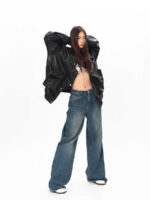 Three-dimensional Pocket Irregular Placket Leather Coat Loose Top - Image 4