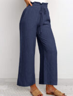 Elastic Waistband Lace-up Wide Leg Pants Solid Color Cropped Pants - Image 7