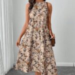 Round Neck Sleeveless Flared Hem Retro Floral Print Casual Elegant Midi Dress