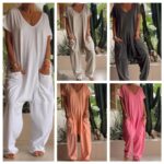 European And American Solid Color And V-neck Oversized Pocket Low-grade Jumpsuit - Image 3