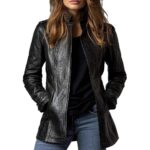 Women's Stand Collar Long Sleeve Distressed Fashion Leather Jacket Coat - Image 5