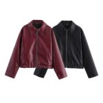 Women's Lapel Long Sleeve Leather Coat - Image 5