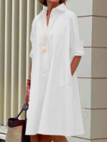 Ladies Shirt Long Sleeve Solid Color Simple Mid Length Dress - Image 3