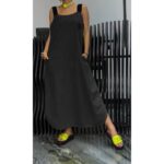 Casual Cotton And Linen Pocket Striped Shoulder Strap Skirt - Image 4