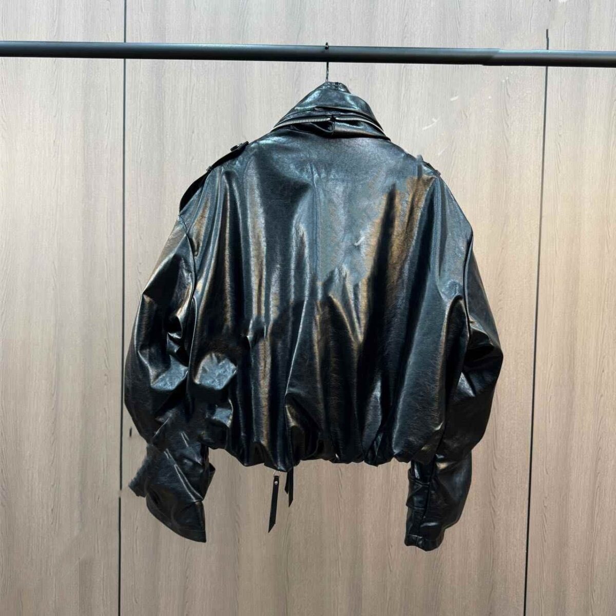 Cuffed Zipper Collar Button PU Leather Jacket Cotton Padded Jacket - Image 4