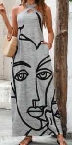 Women Summer Casual Vacation V-Neck Straight Dress, With Side Pockets, Stripes And Face Print Pattern - Image 2