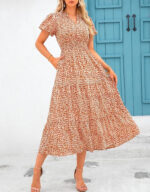 Women's V-neck Bubble Pleated Print Short Sleeve Dress - Image 4