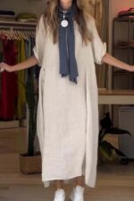 Loose Casual Solid Color Short Sleeve Cotton And Linen Dress - Image 7