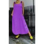 Casual Cotton And Linen Pocket Striped Shoulder Strap Skirt - Image 5