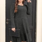 Solid Color Round Neck Knitted Dress Sweater - Image 2