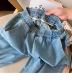 Sweet Style Elastic Waist Splicing Lace Lace Hollow Denim Nine-point Pants For Women - Image 2