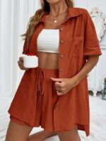 Women's Fashion Shorts Two Pieces Solid Color Shirt Suit - Image 2