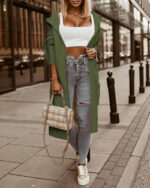 Ladies Hooded Solid Color Mid-length Knitwear Fashion Casual Pocket Long Sleeve Trench Coat - Image 6