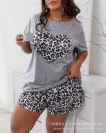 Love Patch Short Sleeve Pajamas Leopard Print Shorts Two-piece Suit - Image 7