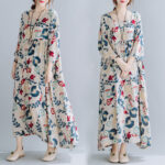 Plus Size Loose Panel Cotton Linen Print Short Sleeve Dress - Image 5