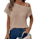 Women's Short-sleeved Solid Color Top Fashionable All-match Off-shoulder Knitted T-shirt - Image 8