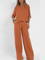 Women's Cotton And Linen Casual Cropped Sleeves Wide-leg Pants Suit - Image 7
