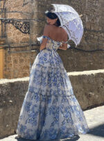 Floral Off-the-shoulder Strap Lace-up Large Swing Skirt Organza Dress - Image 2