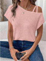 Women's Short-sleeved Solid Color Top Fashionable All-match Off-shoulder Knitted T-shirt - Image 7