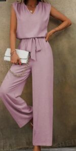 Women Solid Color Sleeveless Top With Notch Neckline And Belted Long Pants Set - Image 3