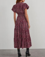 Women's V-neck Bubble Pleated Print Short Sleeve Dress - Image 7