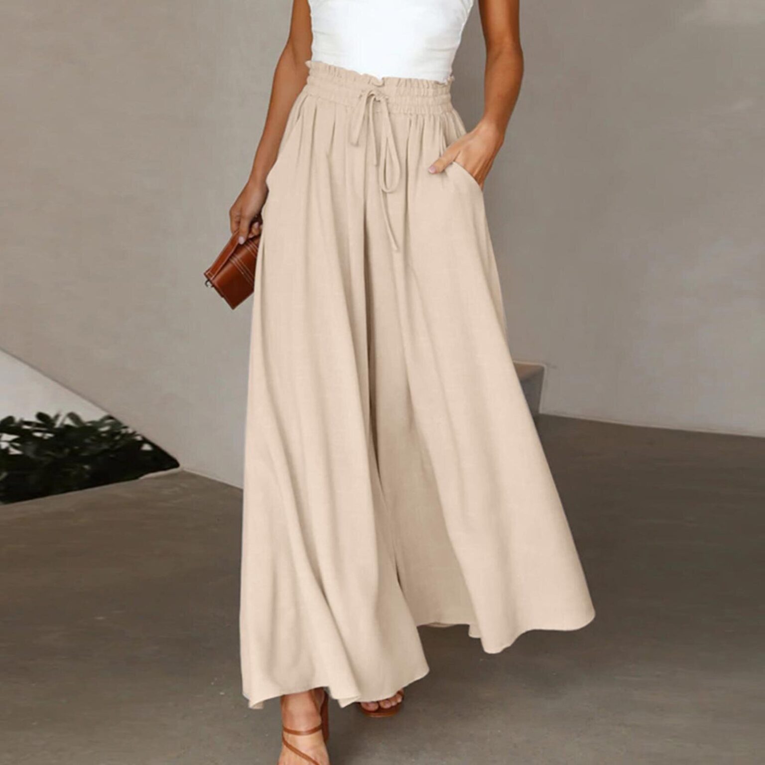 Women's Fashion Wide Leg Elastic Waistband Wide Leg High Waist Long Dress Pants - Image 5