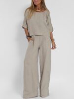 Women's Cotton And Linen Casual Cropped Sleeves Wide-leg Pants Suit - Image 4