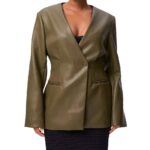 Fashionable Elegant Green V-neck Slim Suit Leather Coat - Image 5