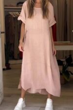 Loose Casual Solid Color Short Sleeve Cotton And Linen Dress - Image 6
