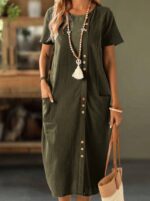 Women's Solid Color Button Front Short Sleeve Pocket Casual Dress - Image 3