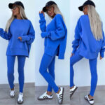 Sweater Suit Women's Casual Loose Long Sleeve Crew Neck Split Top Tight Trousers - Image 5
