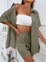 Women's Fashion Shorts Two Pieces Solid Color Shirt Suit - Image 9