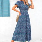 Women's V-neck Bubble Pleated Print Short Sleeve Dress
