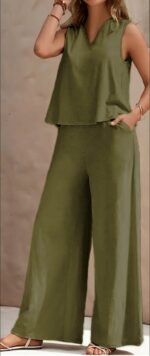 Vibrant Solid Color Casual Pants Set - V Neck Sleeveless Tank Top, Wide Leg Pants With Pocket, Polyester Fabric, Machine Washable - Perfect For Summer, All Season Wear - Image 4
