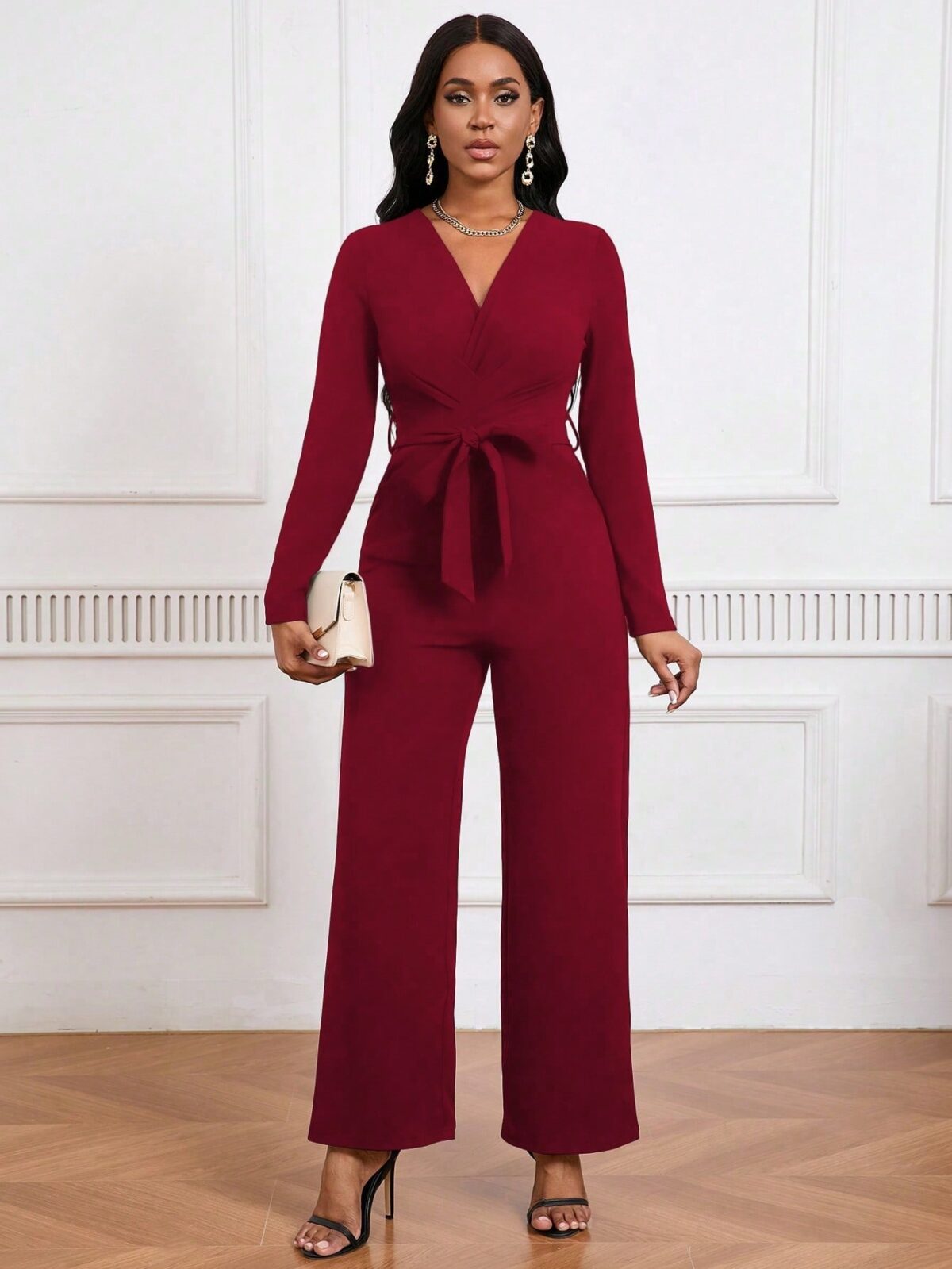 Simple And Stylish, Elegant Commuting Jumpsuit, Long Sleeve Straight Jumpsuit, V-neck, Cross Pleated, Tie-up Casual Jumpsuit, For Everyday Wear. - Image 1