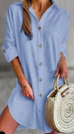 Women'S Simple Button-Down Casual Long Sleeved Shirt Dress Relaxing Resort Style Adjust Sleeve Length Shirt Dress - Image 2