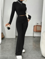 Long Sleeve Turtlenecks Wide Leg High Waist Trousers Suit - Image 9
