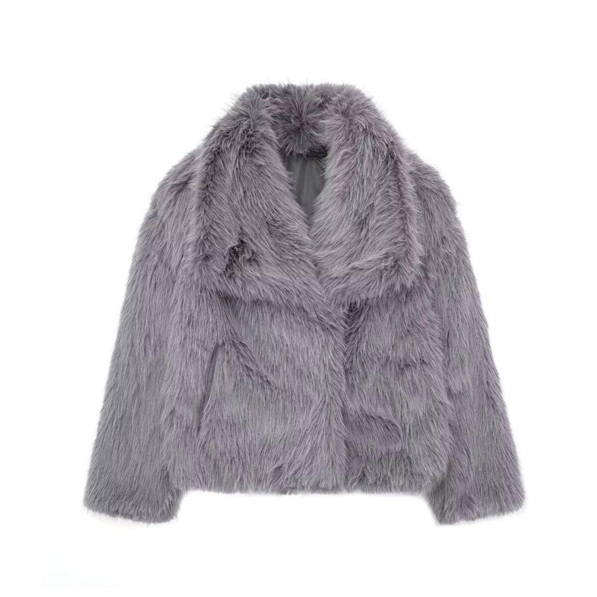 Women's Lapel Long Sleeve Faux Fur Snap Cardigan Loose Short Coat - Image 4