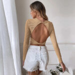 Cropped Slim Knit Long Sleeve T-Shirt Top - Image 5