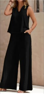 Vibrant Solid Color Casual Pants Set - V Neck Sleeveless Tank Top, Wide Leg Pants With Pocket, Polyester Fabric, Machine Washable - Perfect For Summer, All Season Wear - Image 2