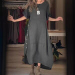 Loose Casual Solid Color Short Sleeve Cotton And Linen Dress - Image 4