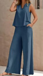 Vibrant Solid Color Casual Pants Set - V Neck Sleeveless Tank Top, Wide Leg Pants With Pocket, Polyester Fabric, Machine Washable - Perfect For Summer, All Season Wear - Image 3