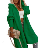 Ladies Hooded Solid Color Mid-length Knitwear Fashion Casual Pocket Long Sleeve Trench Coat - Image 7