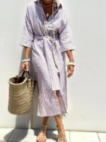 Striped Shirt Dress With Belt Fashion Half-sleeved Lapel Button Cardigan Dresses Women's Clothing - Image 7