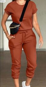2pcs Women Solid Color Round Neck Short Sleeve Top And Drawstring Pocket Long Pants Casual Suit - Image 3