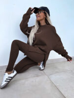 Sweater Suit Women's Casual Loose Long Sleeve Crew Neck Split Top Tight Trousers - Image 8