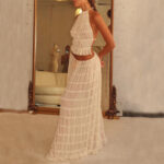 2pcs Women's Dress Suit Sexy Sleeveless Backless Cropped Halter Top And Pleated Long Skirt Beach Clothing - Image 5