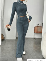 Long Sleeve Turtlenecks Wide Leg High Waist Trousers Suit - Image 7