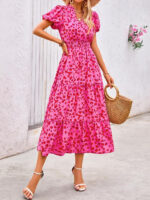 Women's V-neck Bubble Pleated Print Short Sleeve Dress - Image 8