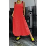 Casual Cotton And Linen Pocket Striped Shoulder Strap Skirt - Image 2